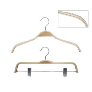 15 inch wood pant hanger detail showing chrome clip and wood grain finish