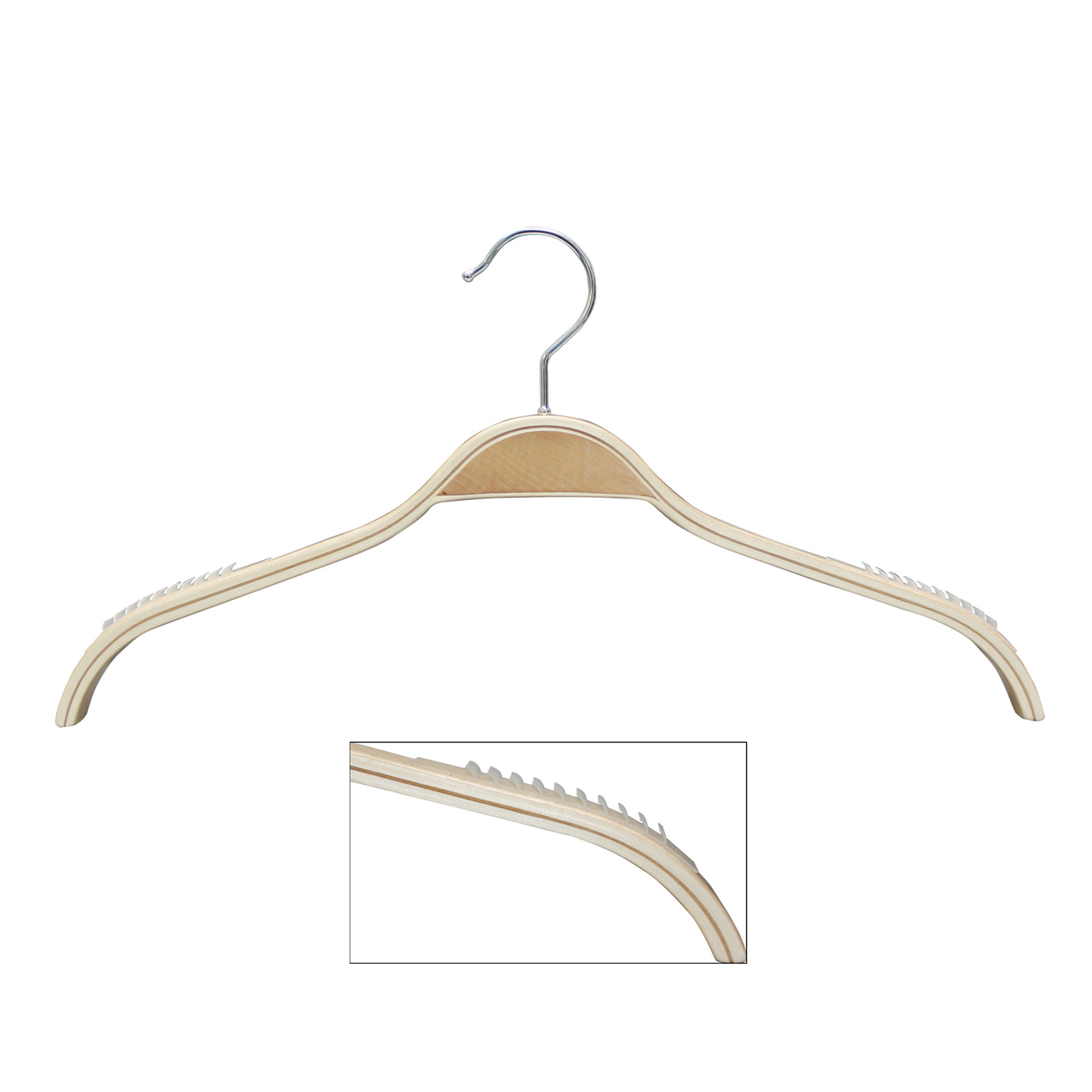 16.5 inch wood top hanger with non-slip bar and chrome hook for retail displays