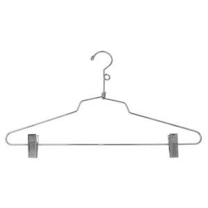 Chrome suit hanger with clips showing adjustable grip mechanism