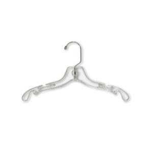 14 inch children wood top hanger close up showing chrome hook and wood finish