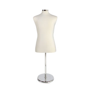Coat form display showing jersey fabric covering and broad shoulder detail