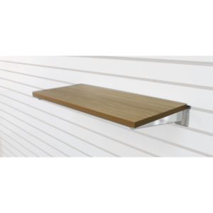 Wood shelves for 24 inch slatwall installed showing merchandise display setup