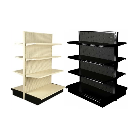 Gondola aisle shelving unit in almond and black - double sided retail display