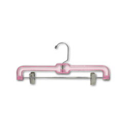 X-heavy weight pink pant hanger with chrome hook and clips for retail apparel displays