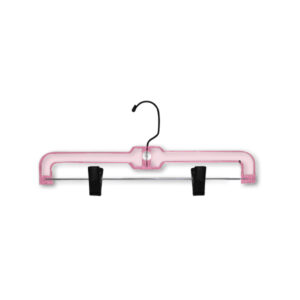 X-heavy weight pink pant hanger with black hook and clips for retail apparel displays