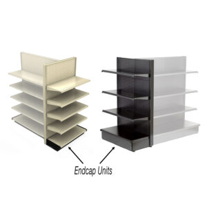 Gondola end cap unit with pegboard hooks and shelving accessories