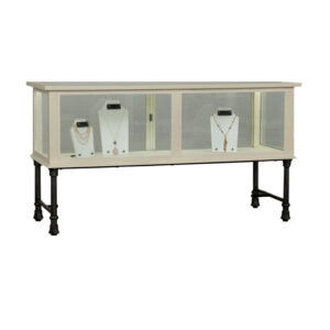 Full length distressed white and steel jewelry showcase 65 inch long 24 inch deep 38 inch tall