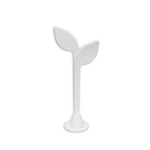 White leatherette leaf-shaped earring display stand 7 inch leaf 4.625 inch tall