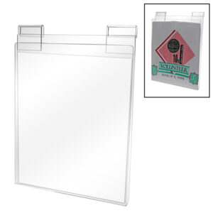Close-up of acrylic t-shirt display clip mechanism on gridwall panel
