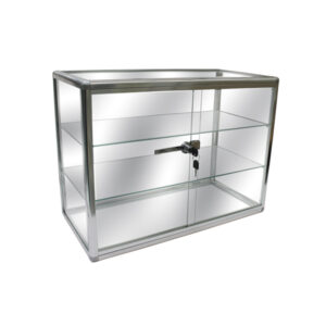 Round frame glass counter case for jewelry display available in aluminum or black finish