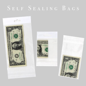 Self sealing clear bag close-up showing adhesive seal strip