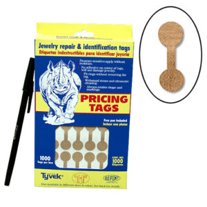 Dumbell price labels detail view showing adhesive surface