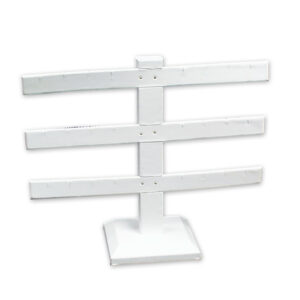 White leatherette 3-bar earring display 10 inch wide 9 inch tall three tiered bars