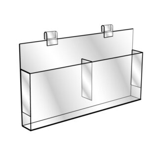 Gridwall double brochure holder loaded with brochures on a gridwall panel display