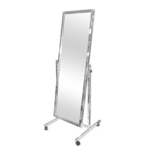 Chrome freestanding tilting mirror with rolling base for retail store displays